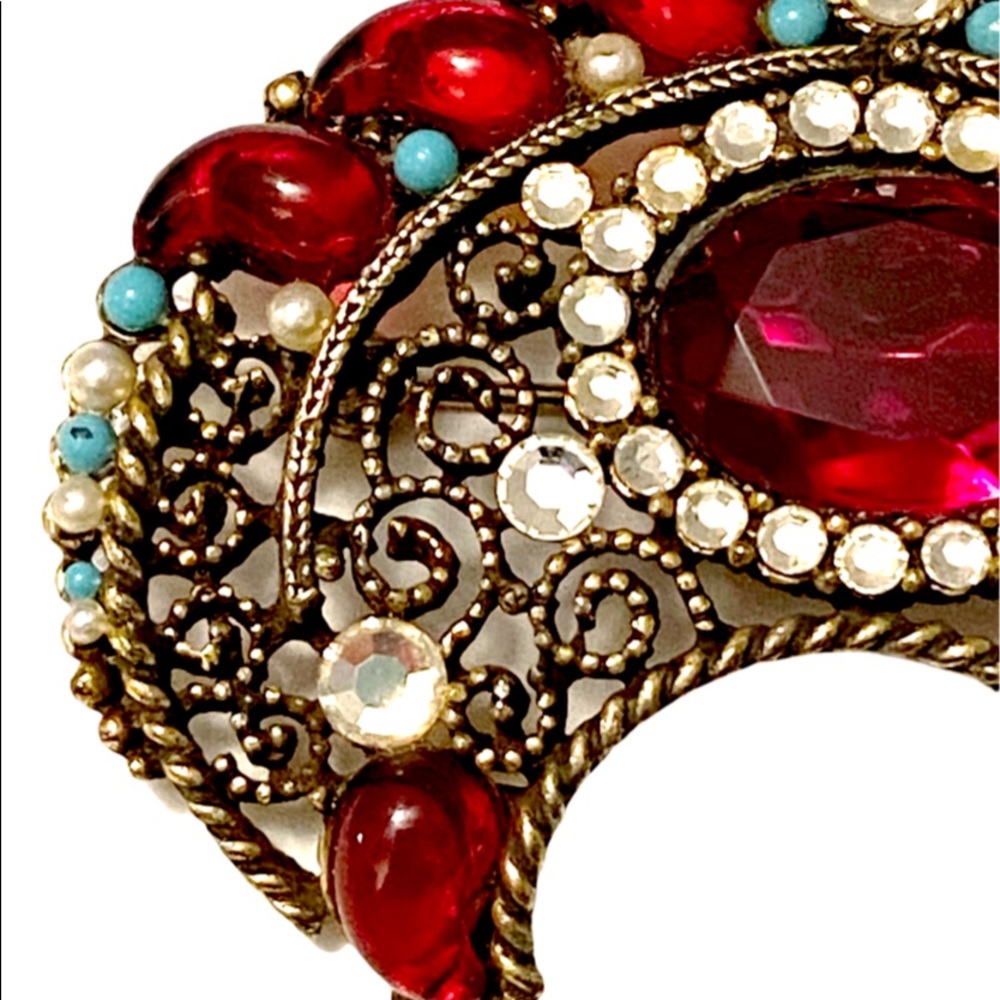 Signed Samsan Sa Crescent Brooch Ruby Turquoise R… - image 2